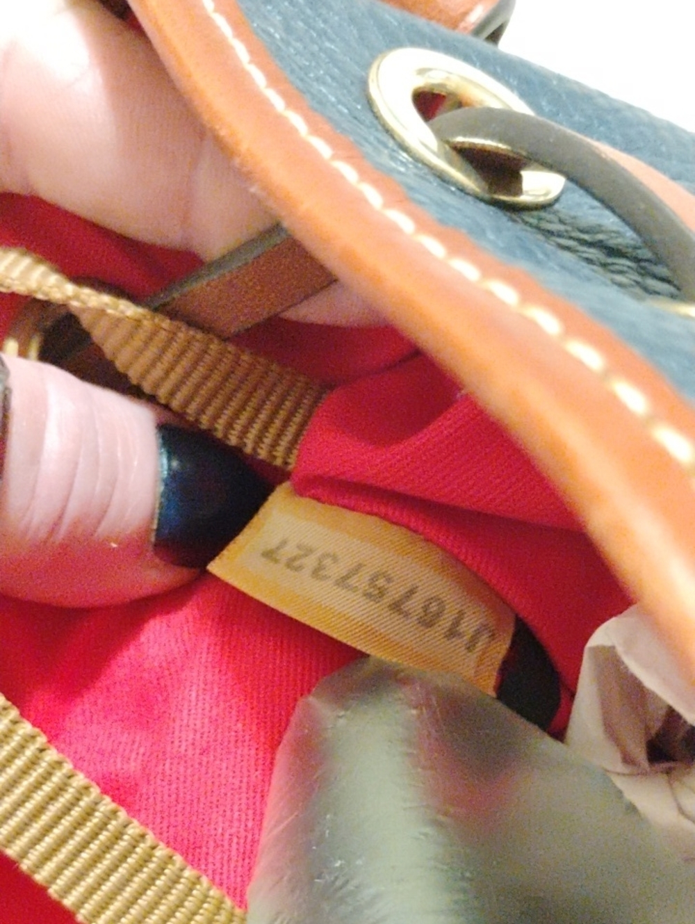 Dooney & Bourke Navy and Tan Pebble Leather Drawstring Bucket Shoulder Bag - Picture 10 of 10